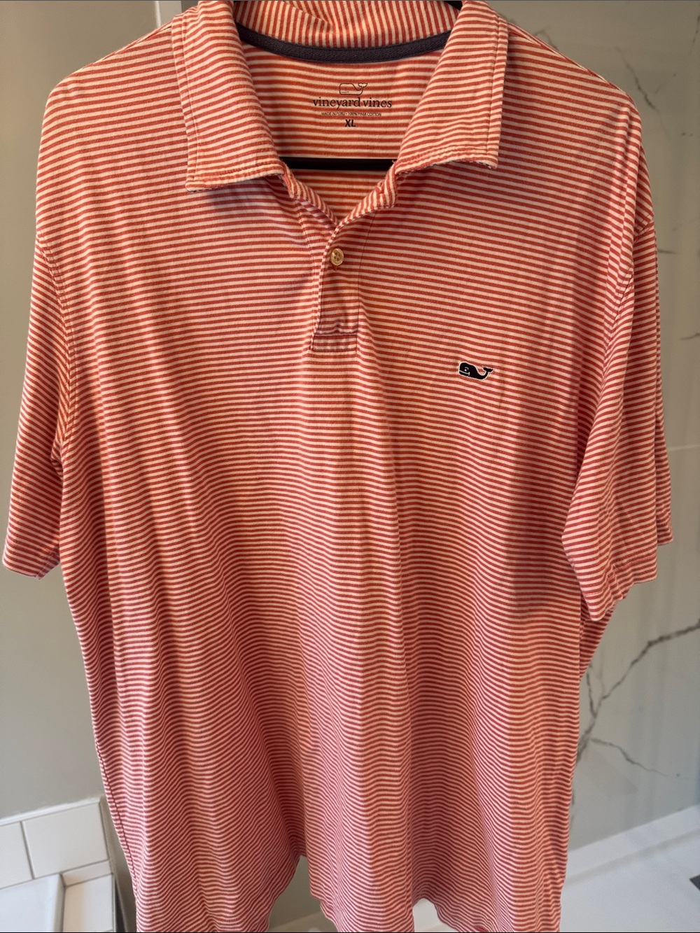 Vineyard Vines Coral and White Narrow-Striped Polo